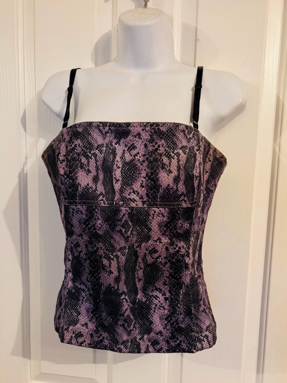 La Belle Purple Snake-Print bustier with Black Straps, zip back.